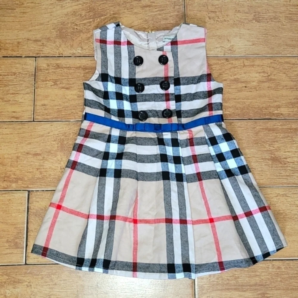 Burberry London Nova Check Pleated Dress Buttons Front Panel And Satin Belt XL